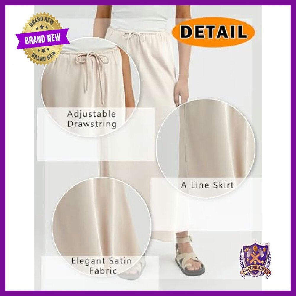 Satin Maxi Skirt High Waist Drawstring A-Line Flowy Long - Picture 6 of 8